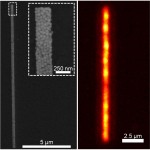 Vasakul asuv skaneeriva elektronmikroskoobiga võetud kuvand näitab 15-mikroni pikkust 50-nanomeetristest sfäärilistest kulla nanoosakestest joont. Paremal on fluorestsents-kuvand samast ahelast, mis on kaetud Cardiogreen värviga 785-nanomeetrise laserergastuse abil.